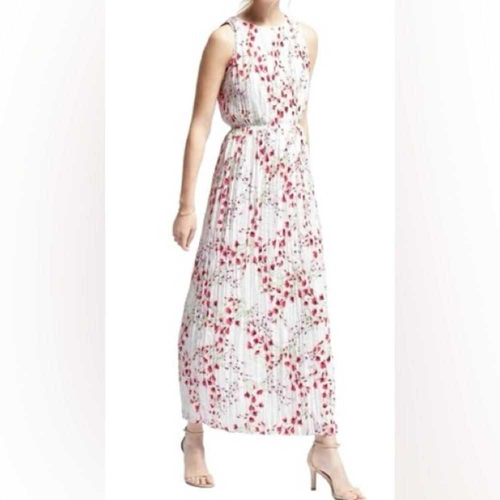 BANANA REPUBLIC Floral pleated Paneled Maxi Dress, Size L Tall